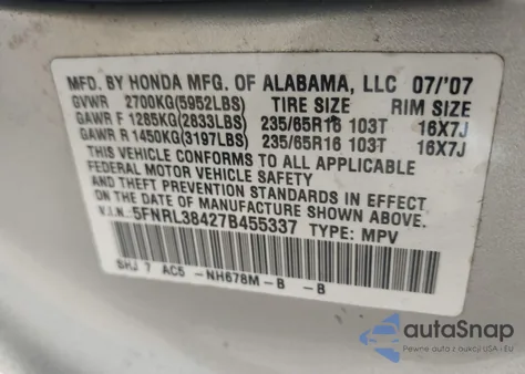 2007 Honda Odyssey Ex из США, поврежденный, VIN 5FNRL38427B455337